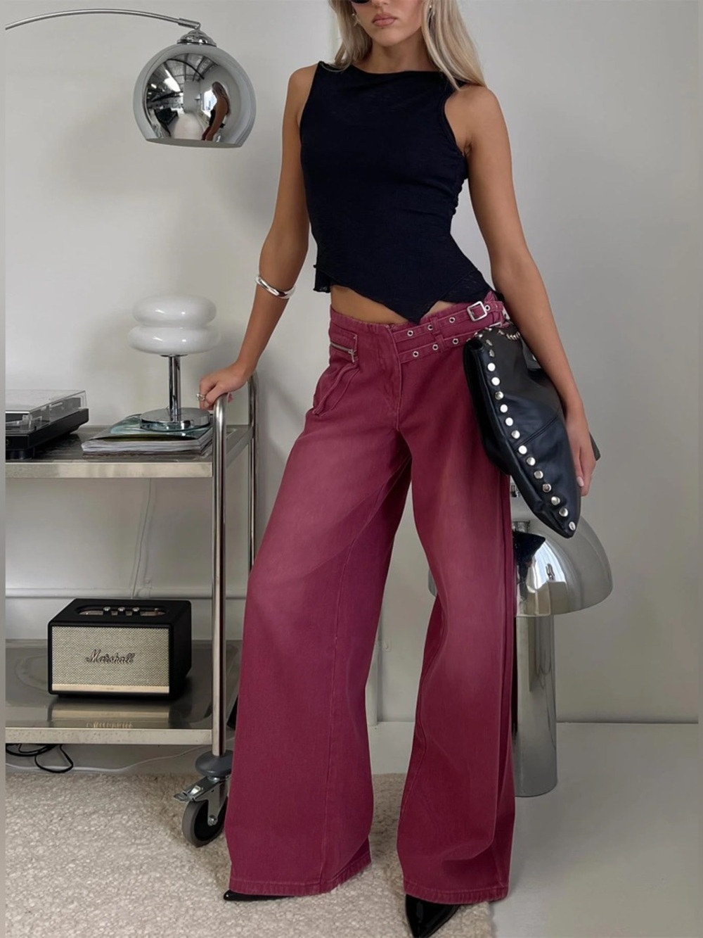 Princess Polly Paltrow Mid Rise Wide Leg Cargo Jeans Washed Burgundy